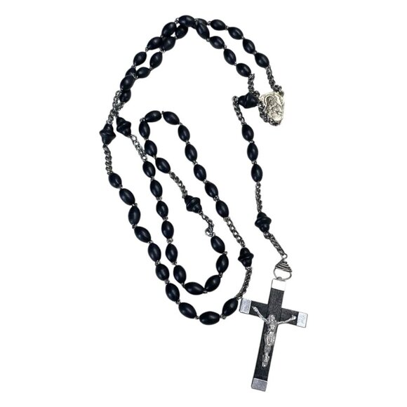 Catholic Rosary Black Prayer Beads 19" Sacred Heart of Jesus Medallion Vintage - Picture 1 of 5